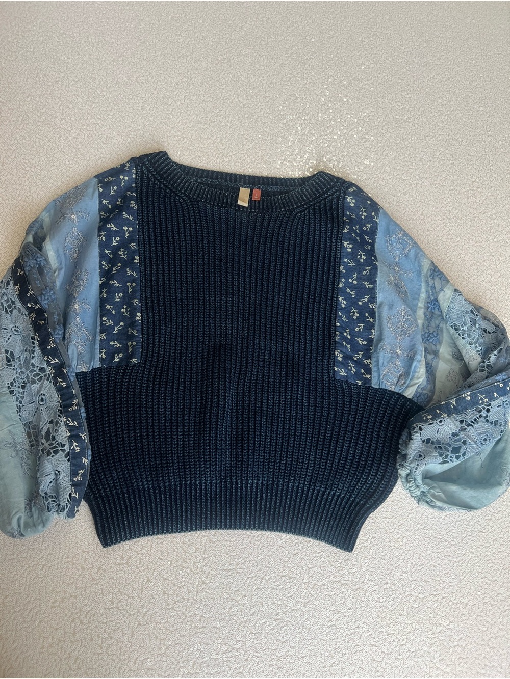 Pilcro Navy Knit Sweater with Light Blue Lace Balloon Sleeves